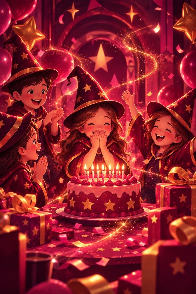 Torta de cumpleaños con estrellas doradas rodeada de niños celebrando