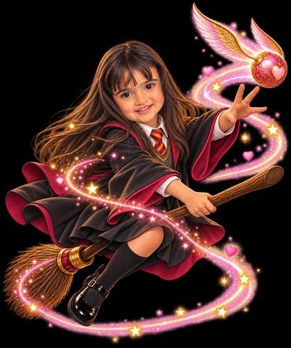 Silvana volando en escoba persiguiendo una snitch dorada y rosa